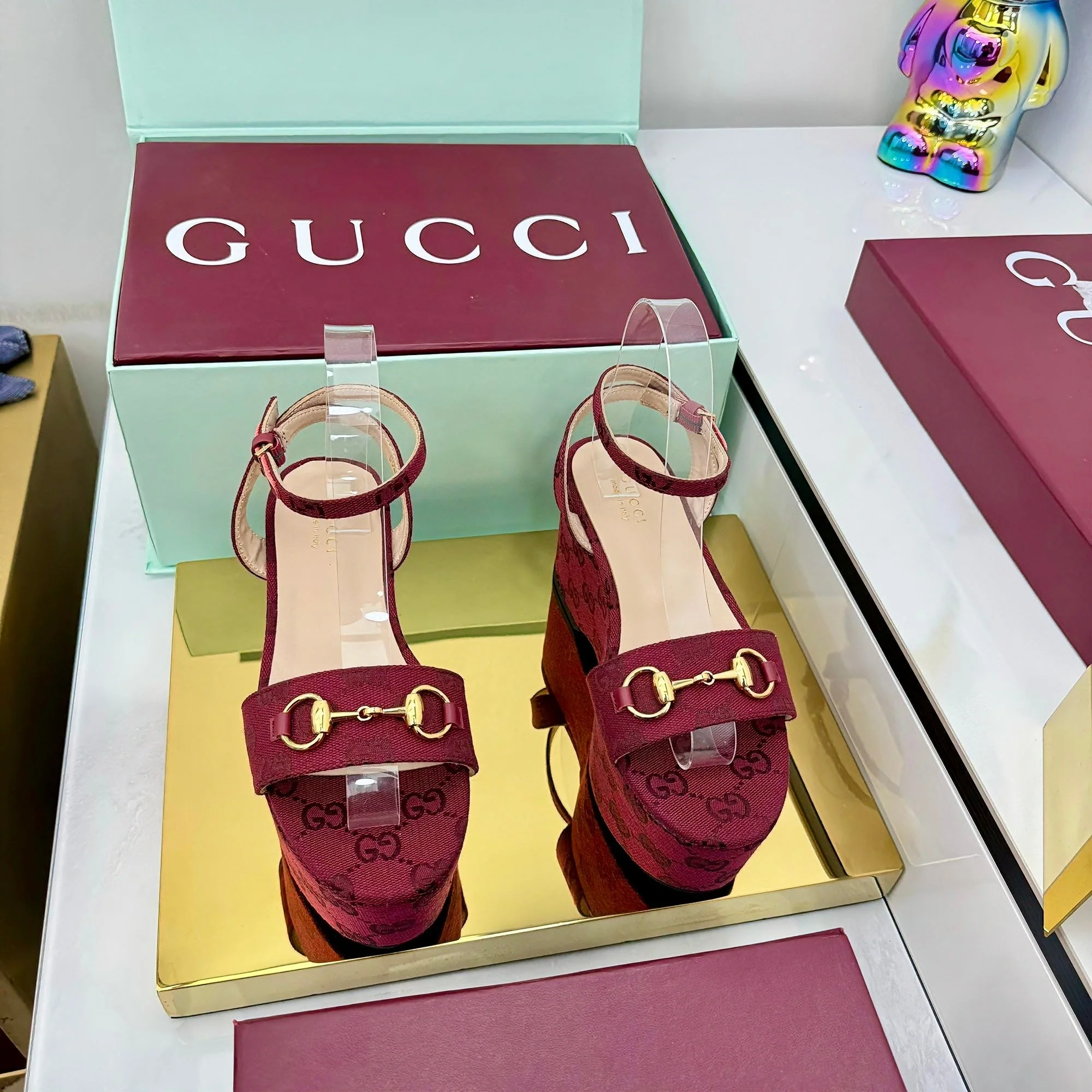 GG WEDGE HEELS IN RED FABRIC AND CALFSKIN WITH GOLD HARDWARE STYLE 2