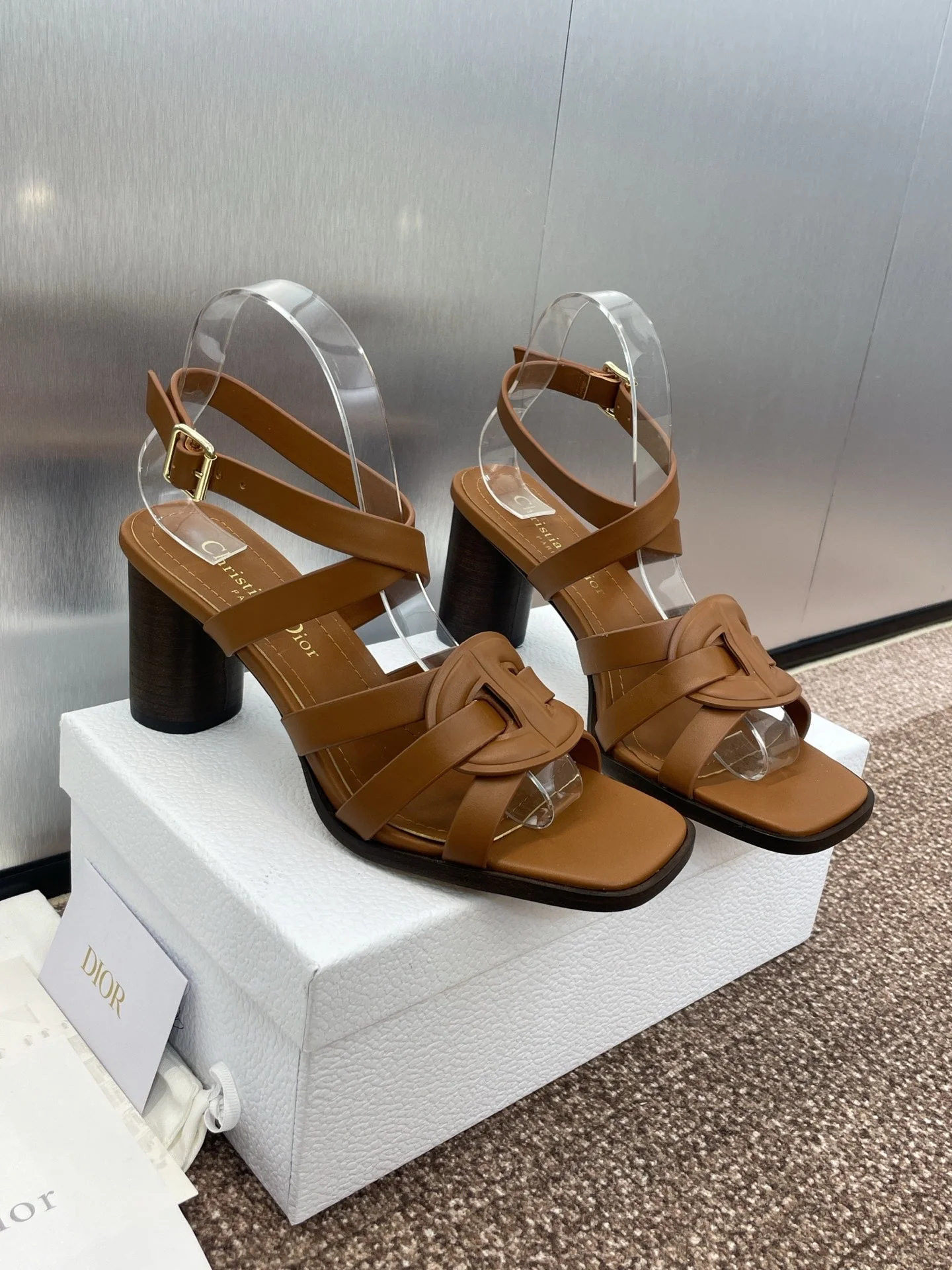 D-CLUB HIGH HEEL SLIDE 25S 80MM IN BROWN CALFSKIN