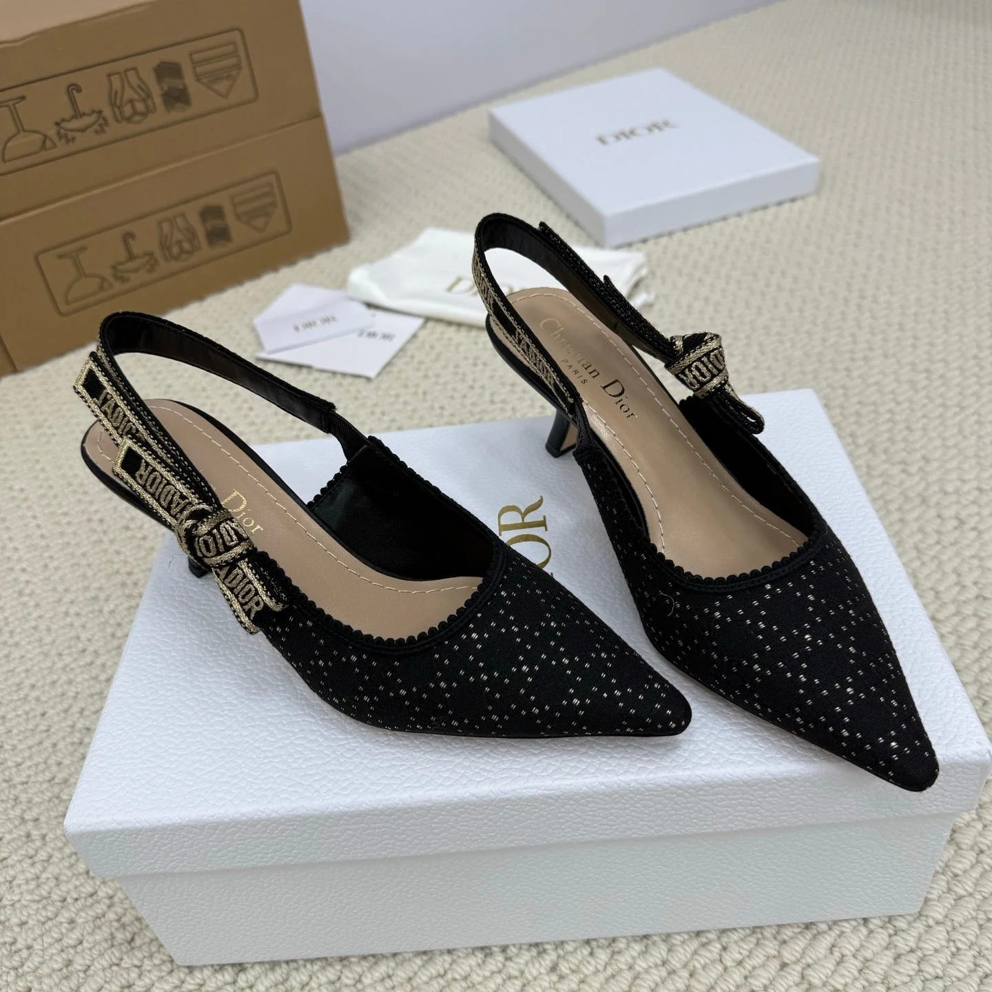 DIOR HIGH SLINGBACK 65 MM 25S IN BLACK FABRIC AND BRAND NAME EMBROIDERY