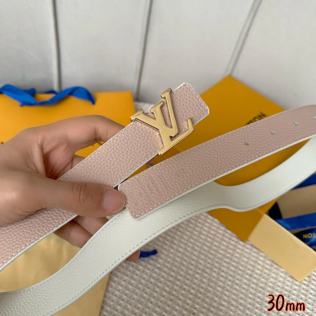 LV Initiales 30mm Reversible Belt Gold Buckle Pink White Leather