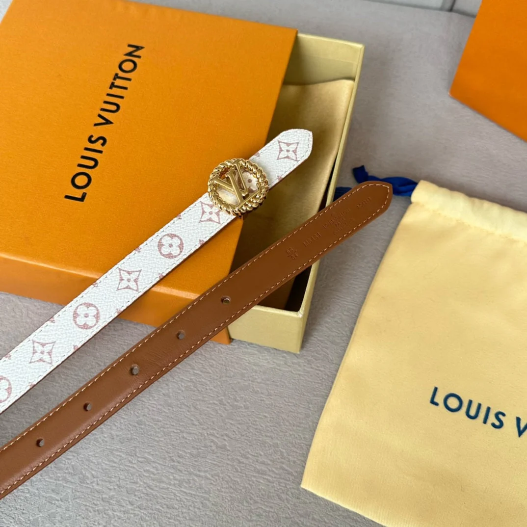 LV Circle Nautical 20mm Reversible Belt Gold Buckle Tan White lambskin