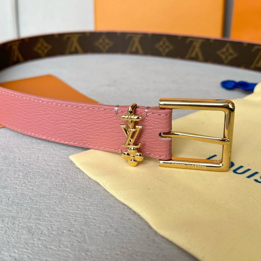 LV Bloom 30mm Belt Gold Buckle Pink Brown Leather
