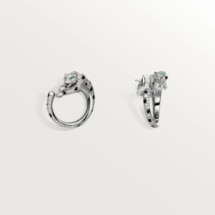 PANTHERE DIAMOND ONYX GREEN EMERAL SILVER EARRINGS