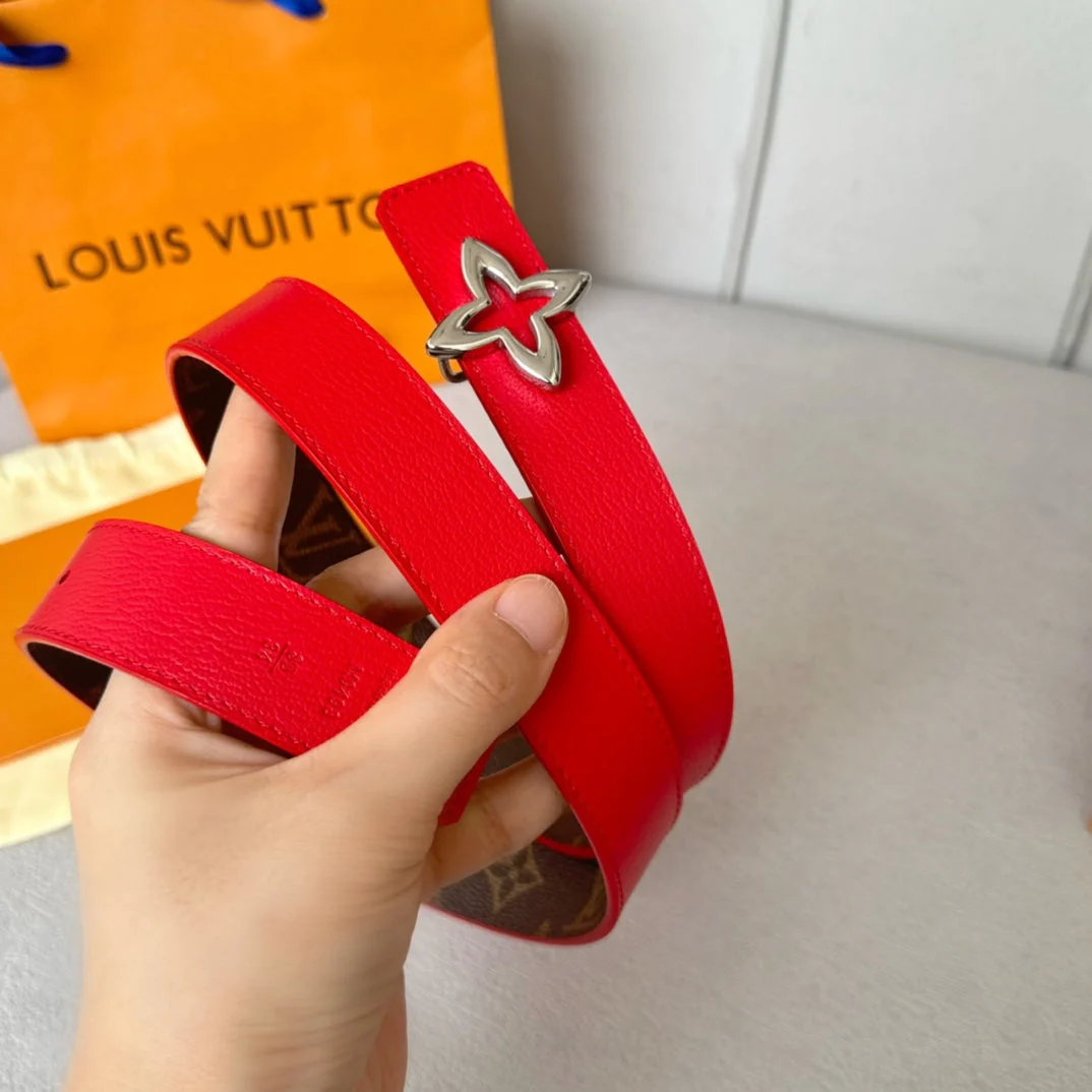 LV Flowergram 30mm Reversible Belt Silver Buckle Red Brown Leather