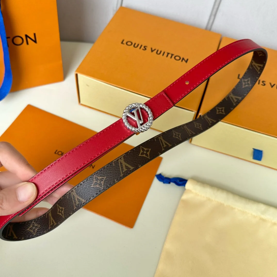 LV Circle Nautical 20mm Reversible Belt Silver Buckle Red Brown Lambskin