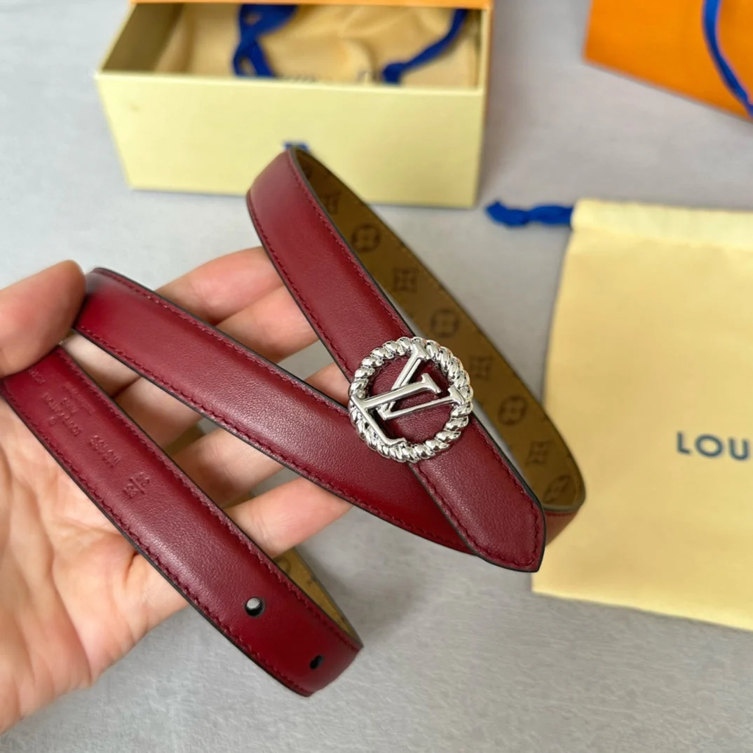 LV Circle Nautical 20mm Reversible Belt Silver Buckle Burgundy Light Brown Lambskin
