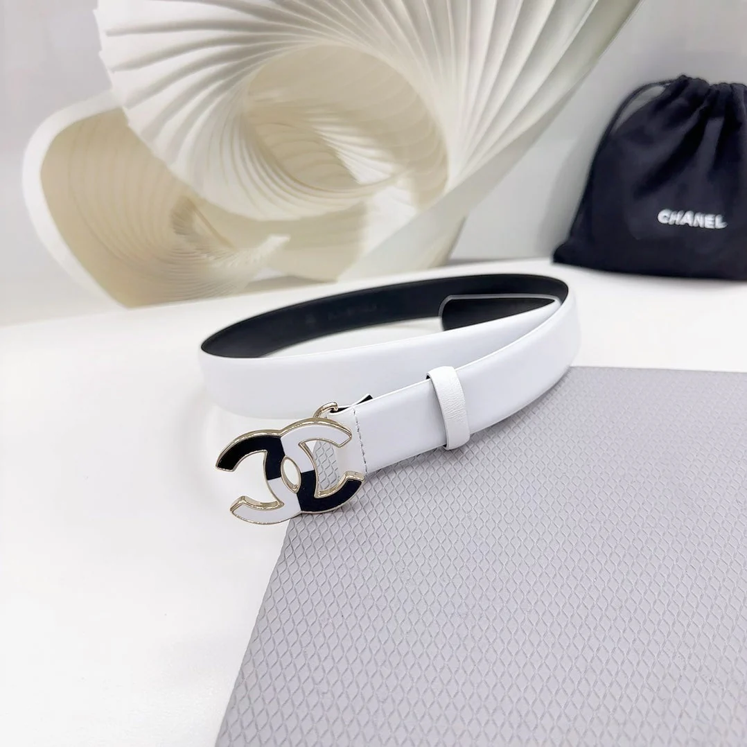 CC BELT 30 MM BLACK MIX WHITE CALFSKIN WITH METAL LOGO
