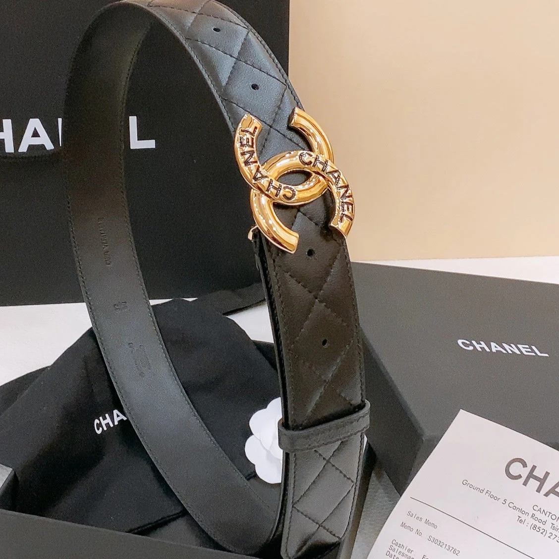 DOUBLE C BELT 40MM IN BLACK QUILTED LAMBSKIN GOLD BUCKLE EMBOSSED LOGO