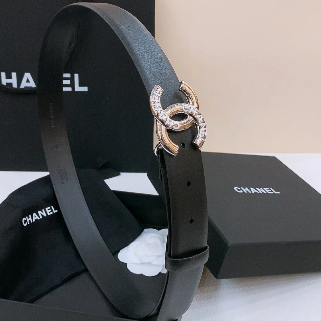 DOUBLE C BELT 30MM IN BLACK CALFSKIN SILVER BUCKLE EMBOSSED WHITE LOGO