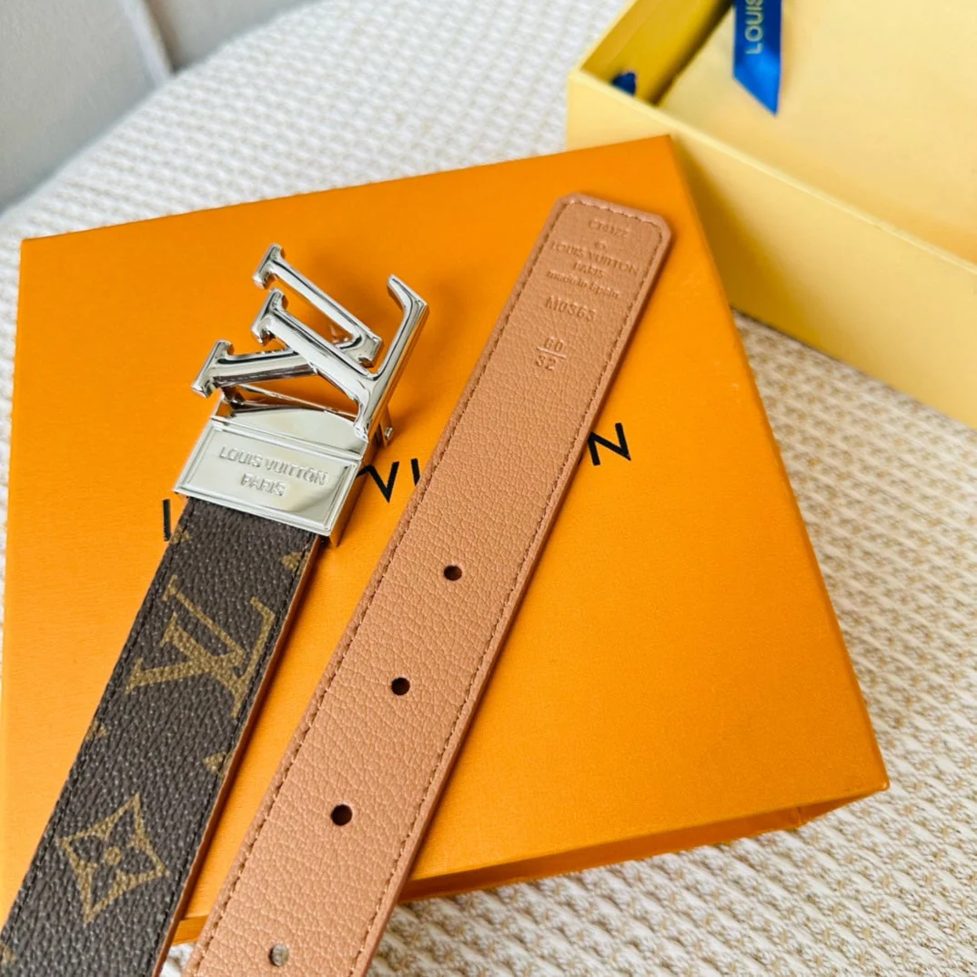 LV Initiales 30mm Reversible Belt Silver Rotating Buckle Tan Brown Leather
