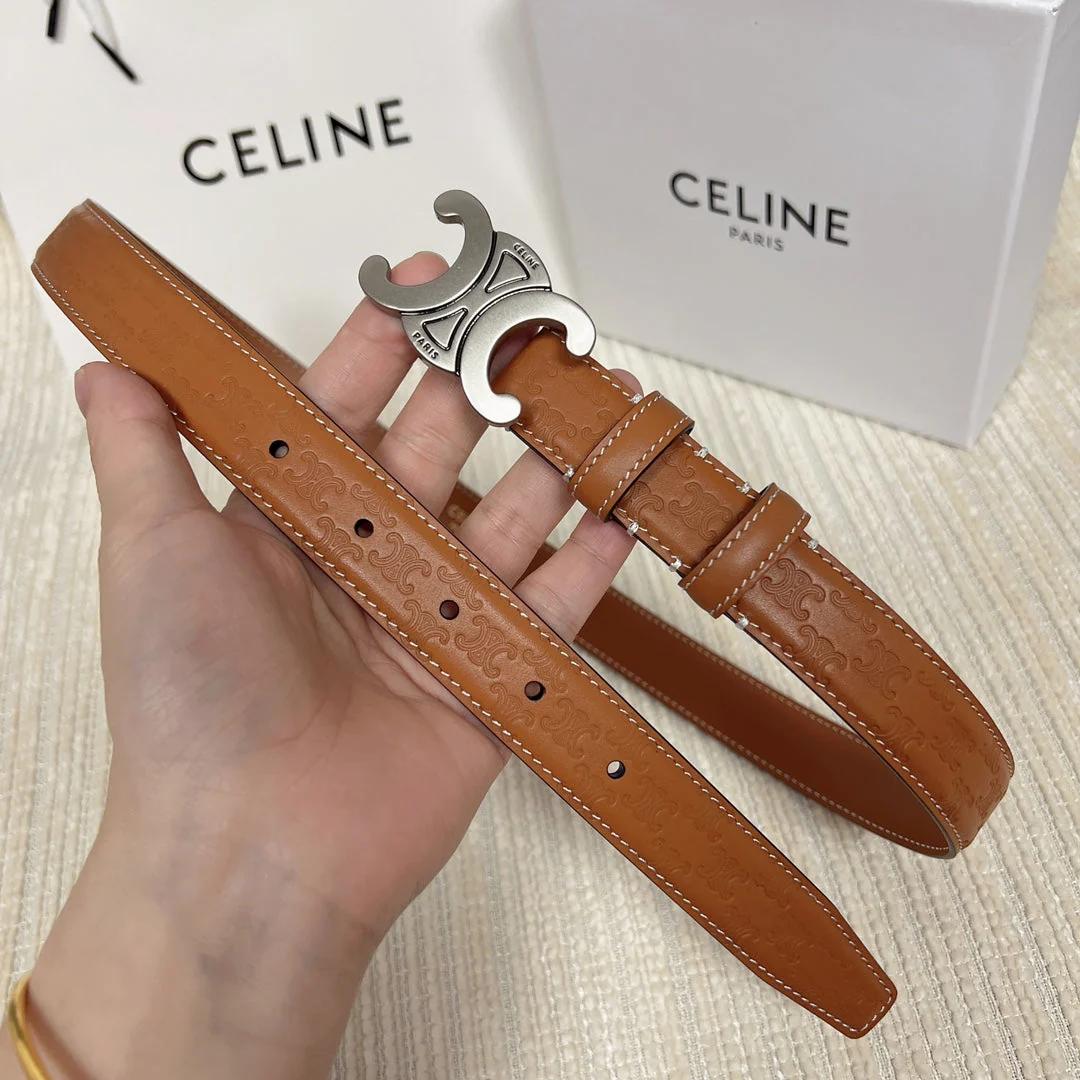 Medium Triomphe Belt 25mm Tan Calfskin White Line Finishing Silver Finishing