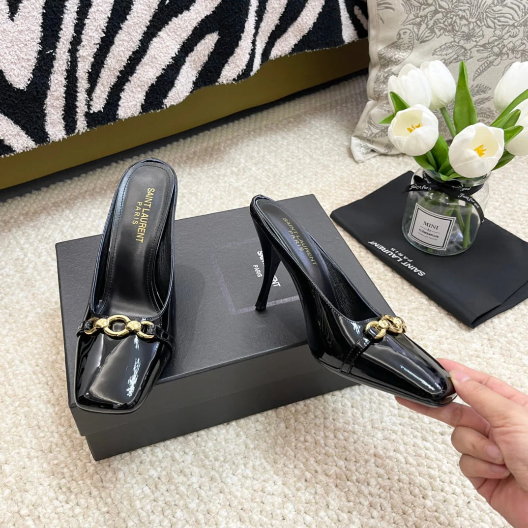 SL SQUARE TOE MULES BLACK CALFSKIN
