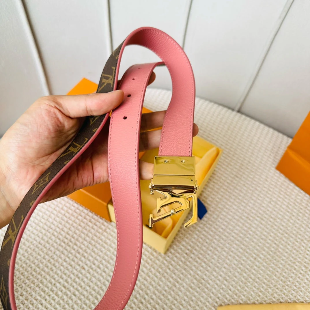 LV Initiales 30mm Reversible Belt Gold Rotating Buckle Pink Brown Leather