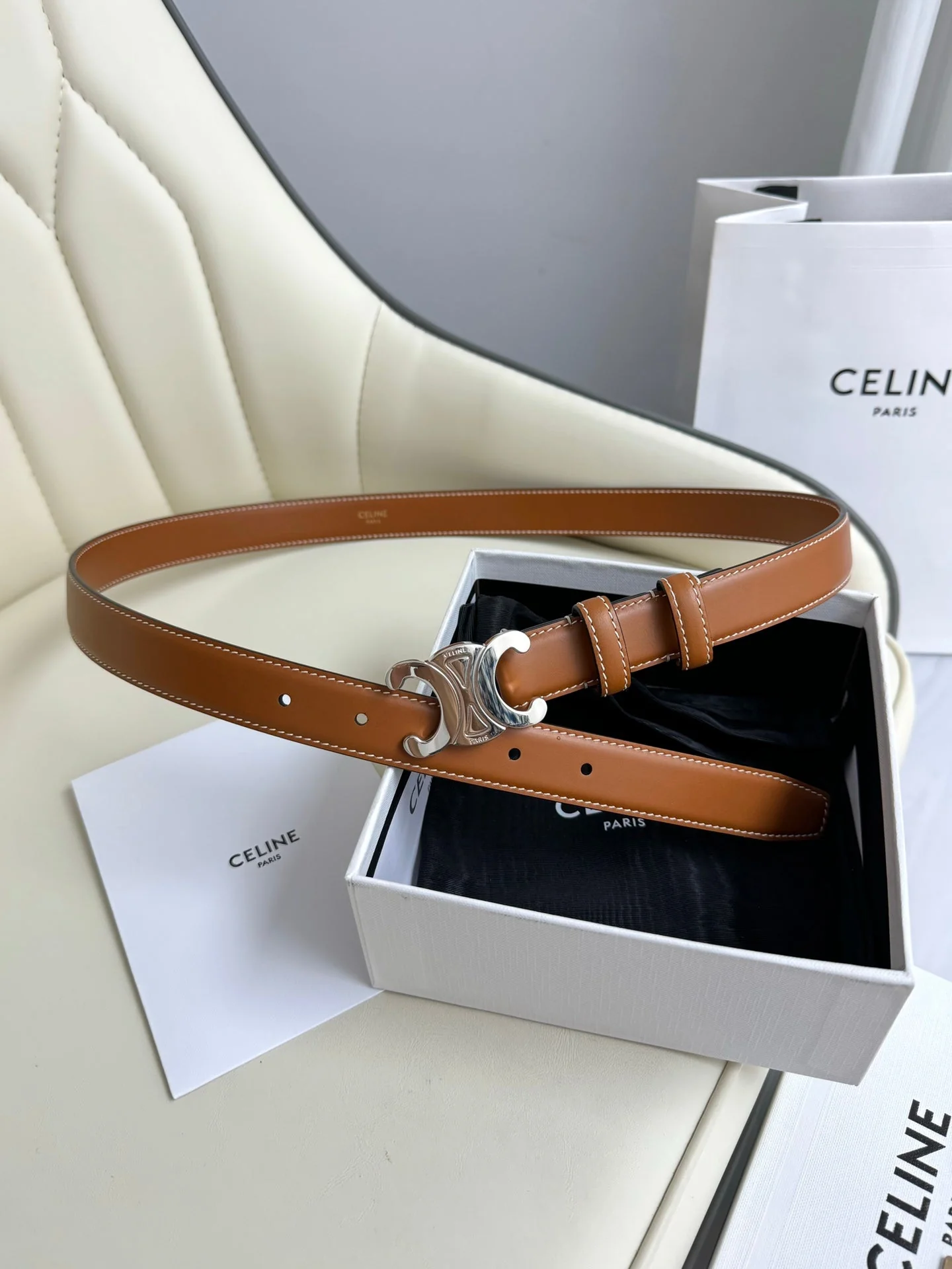 MEDIUM TRIOMPHE BELT 25MM BRONZE BROWN LEATHER SILVER HARDWARE