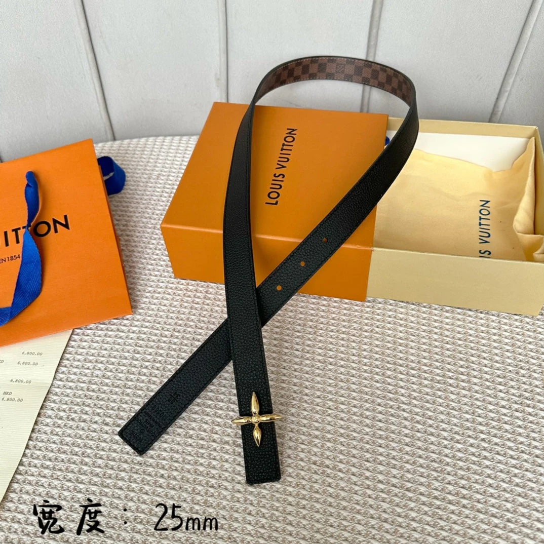 LV FLOWERGRAM 25 MM REVERSIBLE BELT IN BROWN DAMIER CALFSKIN GOLD HARDWARE