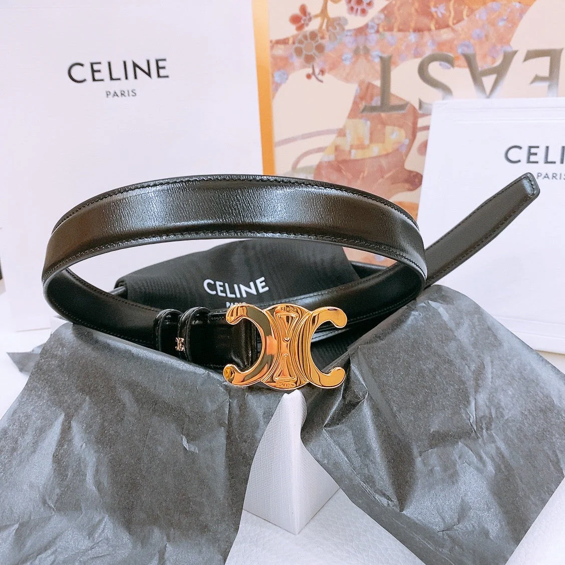 CELINE 25S TRIOMPHE BELT 25MM IN BLACK GLOSSY CALFSKIN GOLD HARDWARE 570968