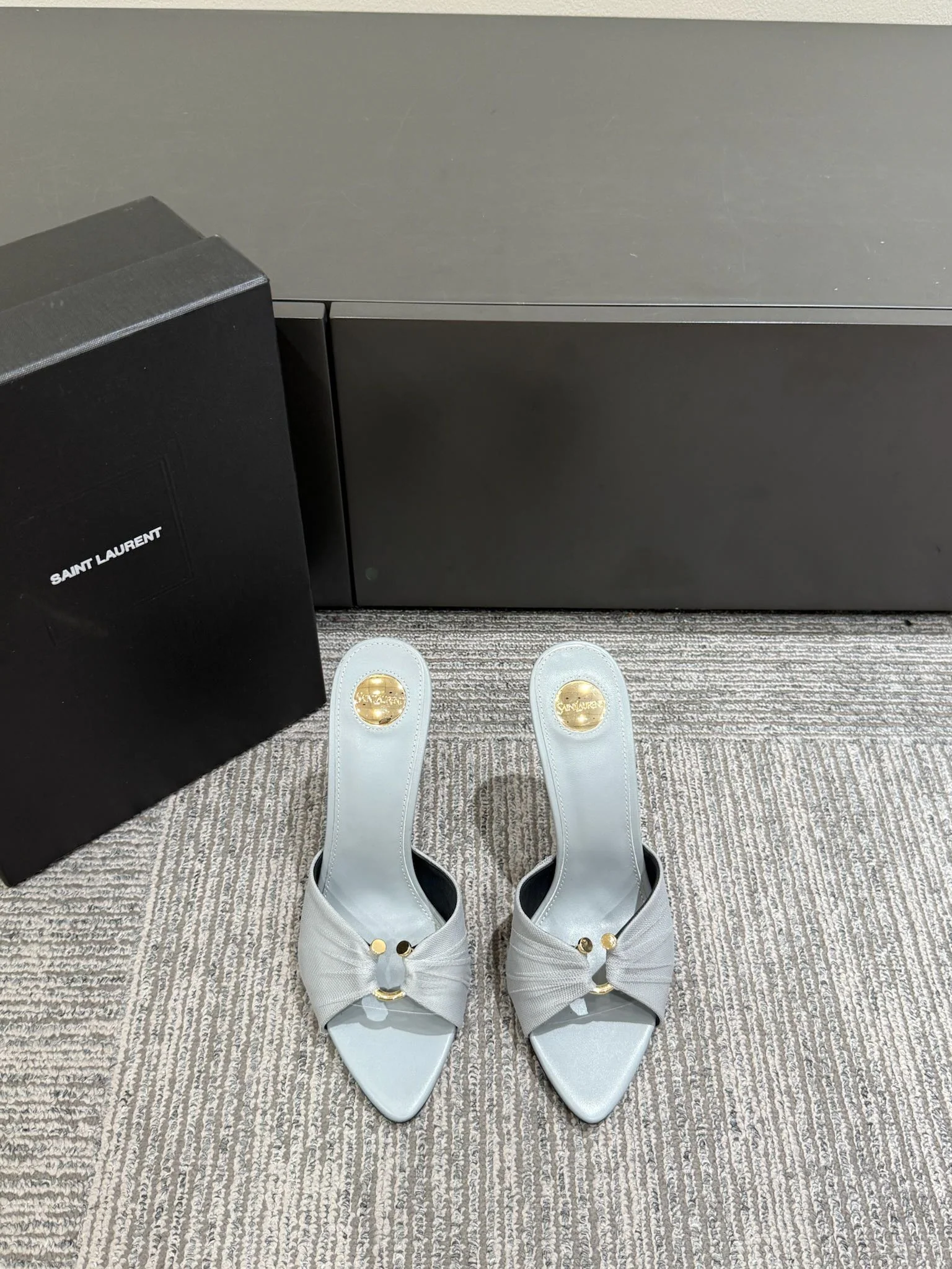 YSL HIGH HEEL 25S 100 MM IN LIGHT SLATE BLUE LAMBSKIN