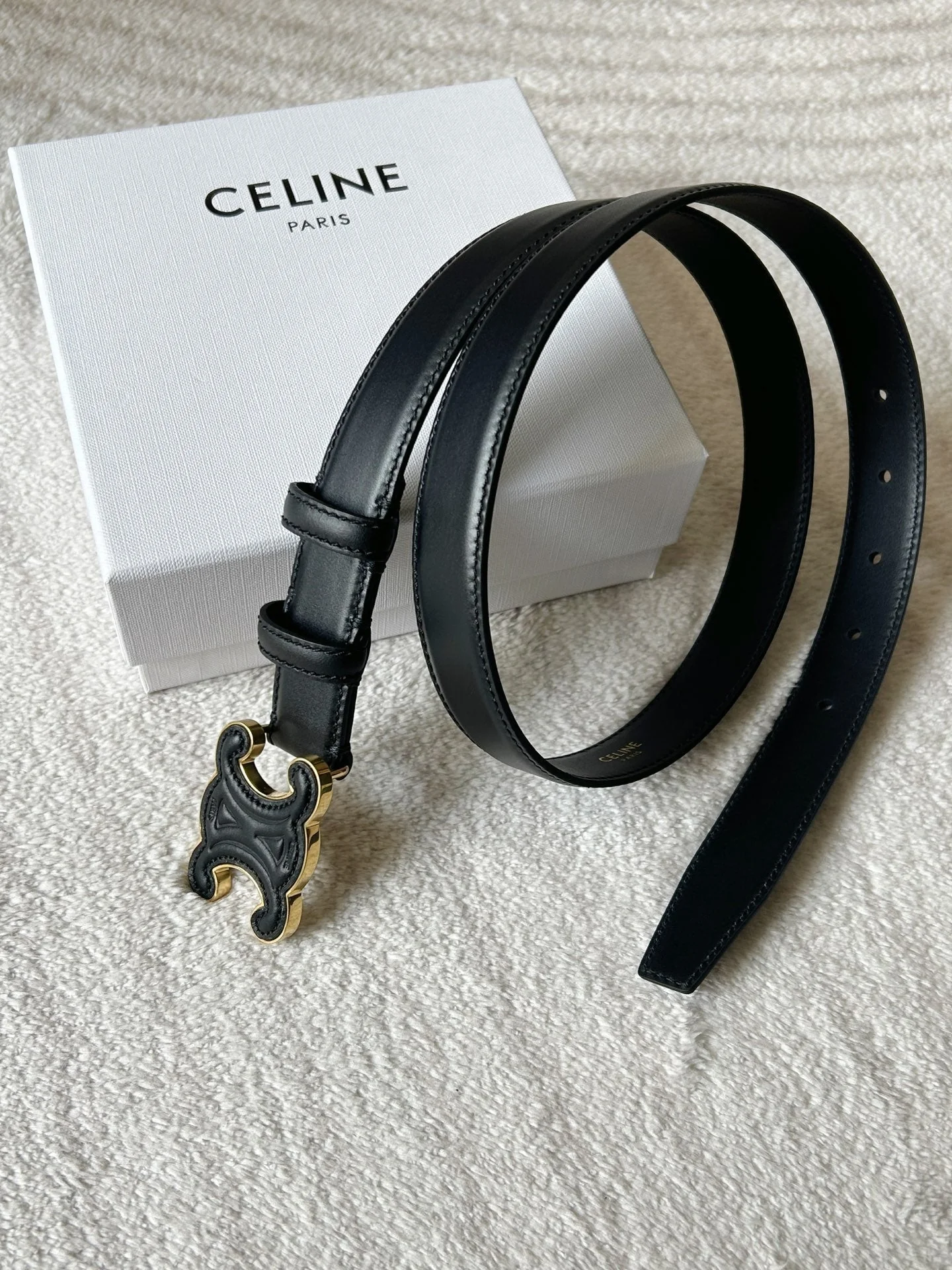 TRIOMPHE BELT 24MM IN BLACK CALFSKIN WITH LEATHER BUCKLE GOLD HARDWARE