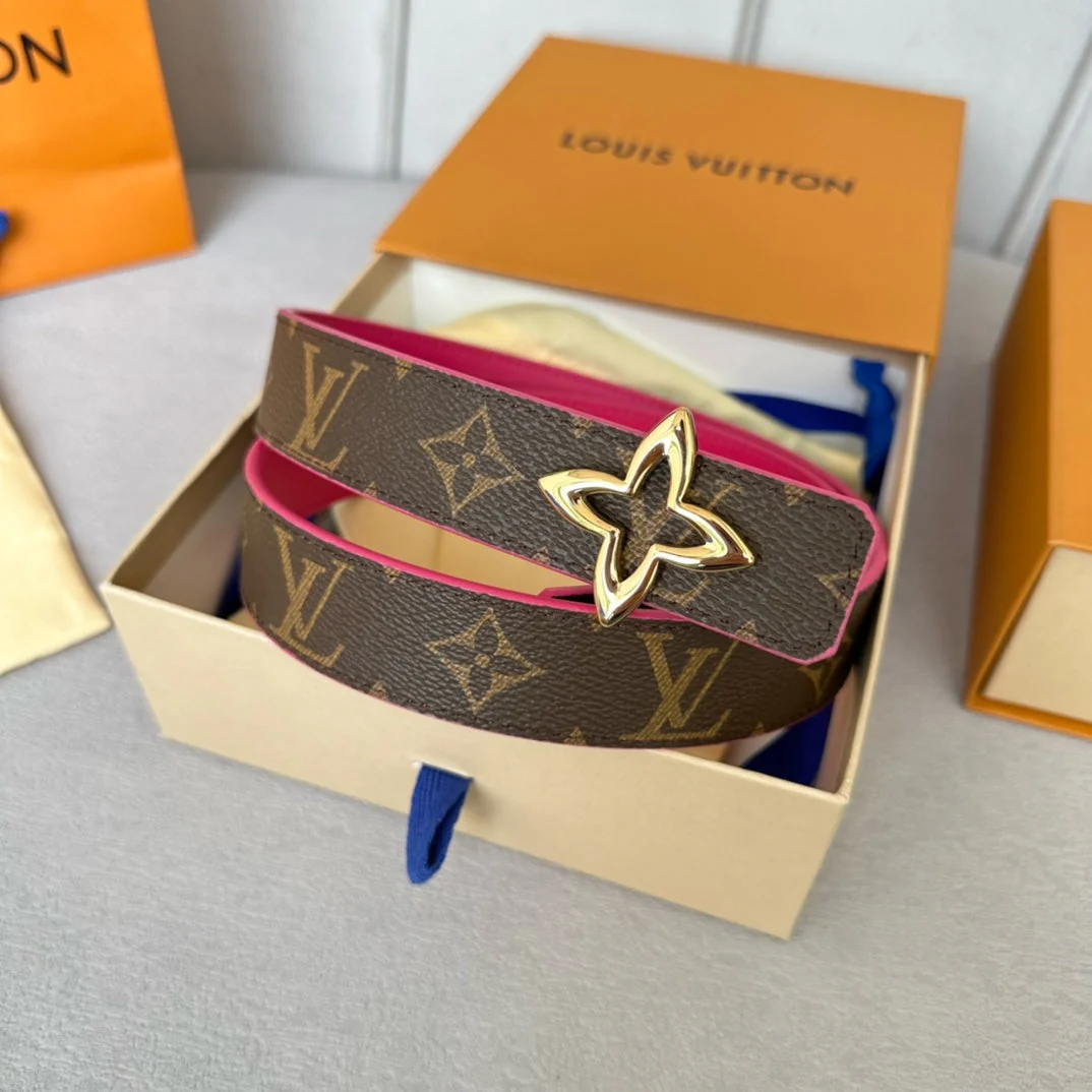 LV Flowergram 30mm Reversible Belt Gold Buckle Hot Pink Brown Leather