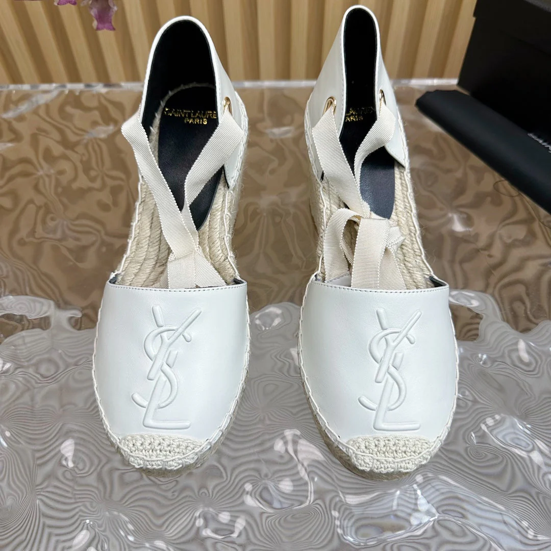 SL WEDGE SANDALS WHITE CALFSKIN AND STRAW
