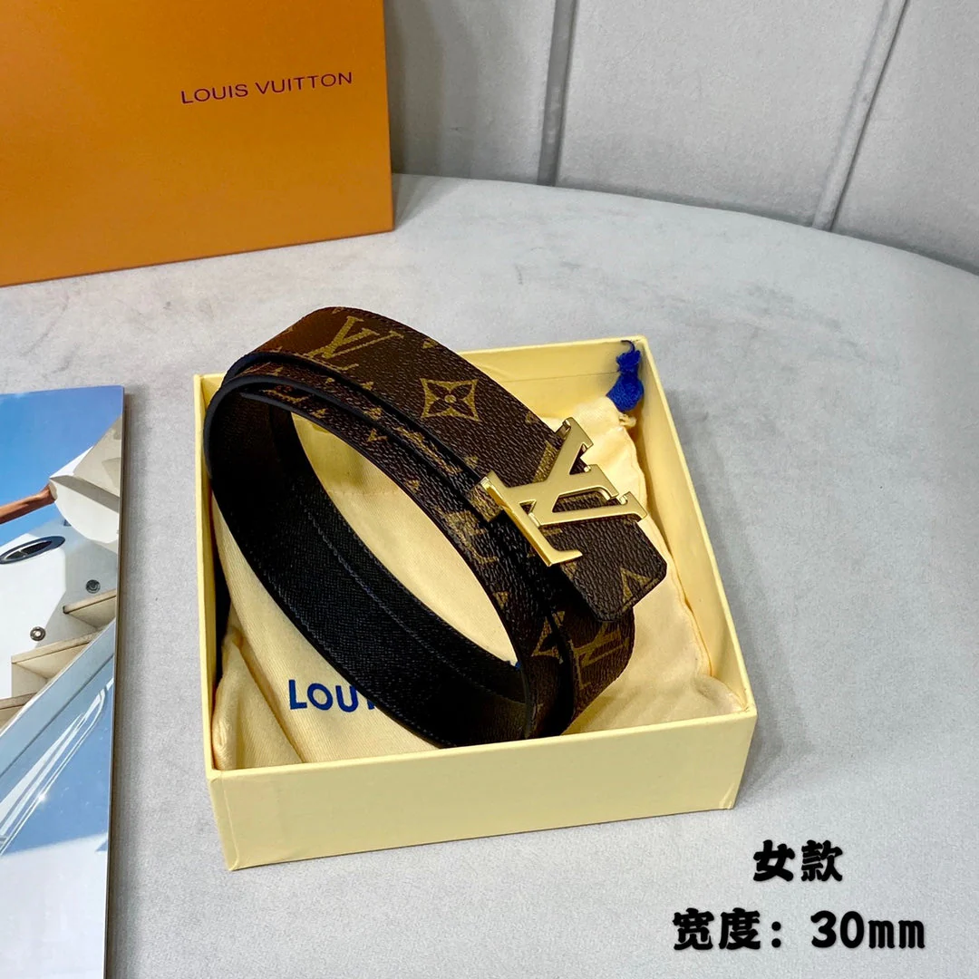 LV INITIALES 30 MM REVERSIBLE BELT IN BROWN MONOGRAM AND BLACK CALFSKIN GOLD HARDWARE