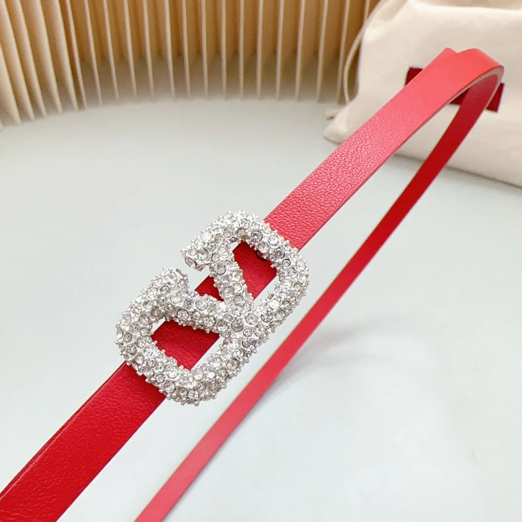 VL Belt 8mm Buckle Silver Diamond Leather Red