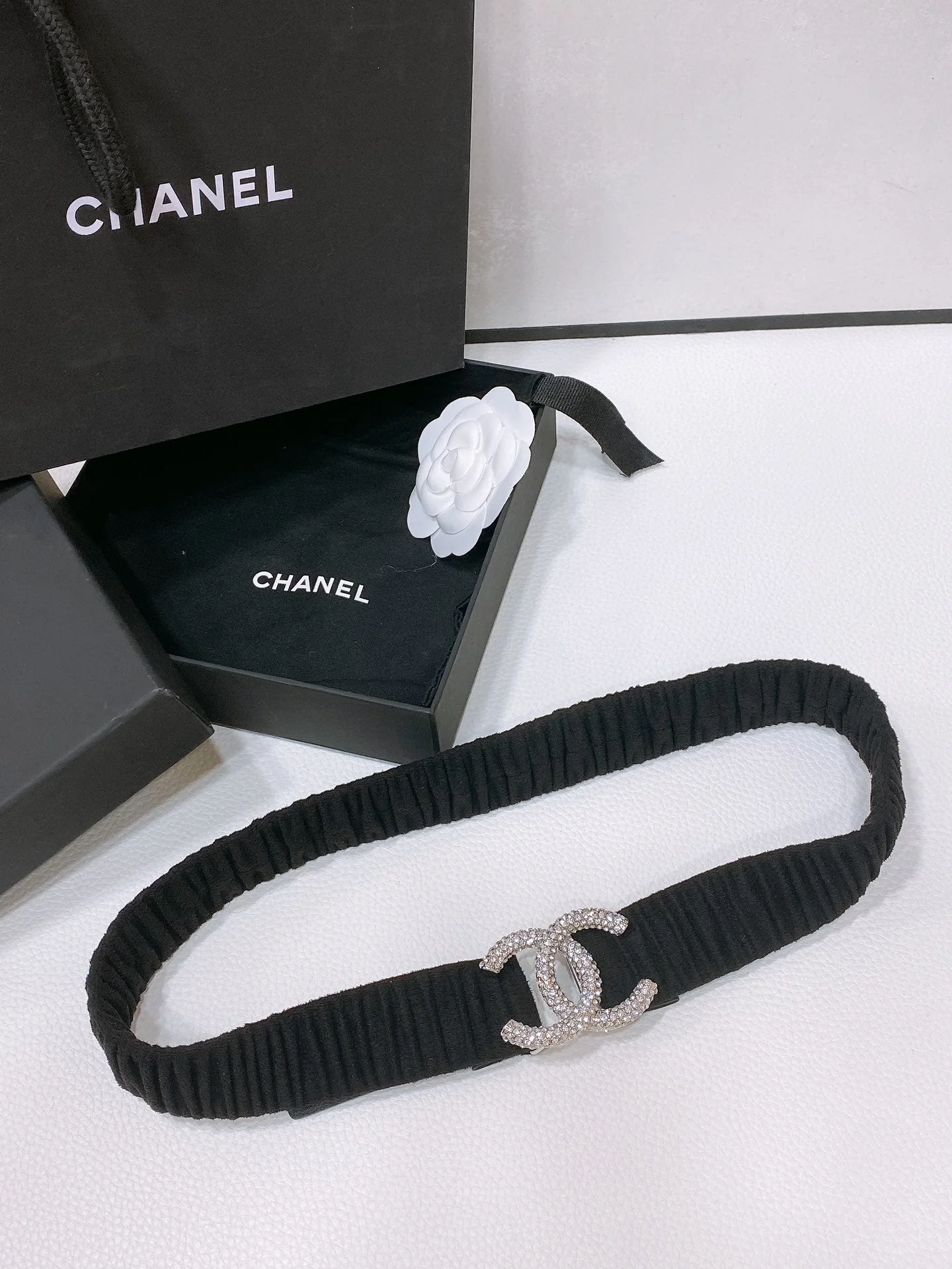 CC ELASTIC BELT 30MM IN BLACK WOOL FABRIC SILVER HARDWARE WITH RHINSTONES