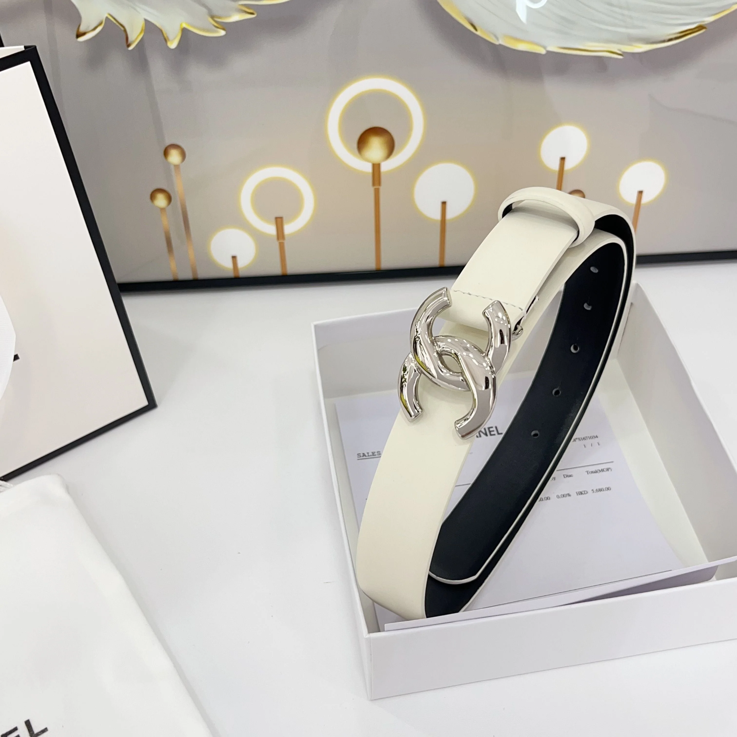 DOUBLE C BELT 30MM IN WHITE CALFSKIN WITH SHINY SILVER BUCKLE