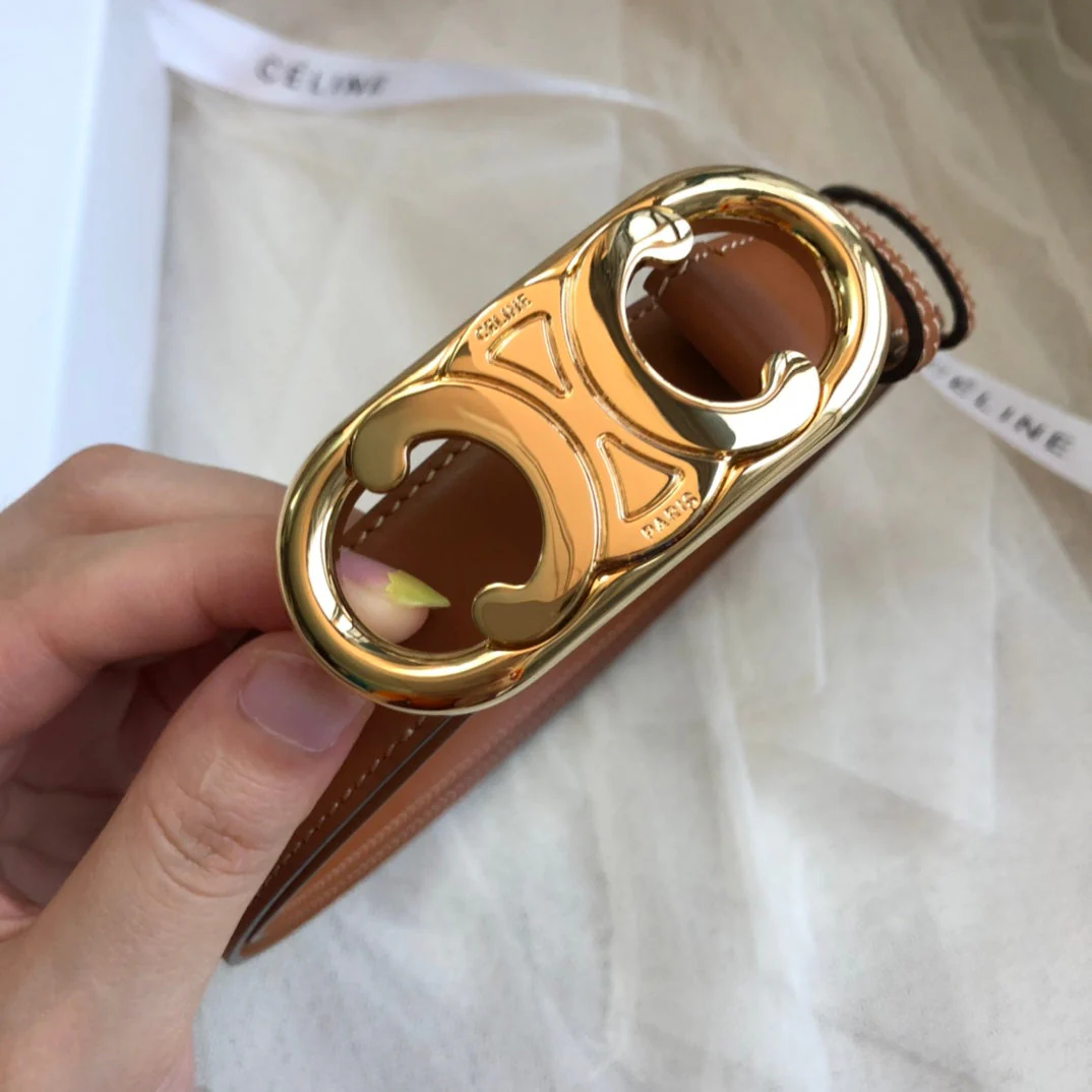CELINE 25S BELT 25MM IN DARK CARAMEL CALFSKIN GOLD HARDWARE 562437