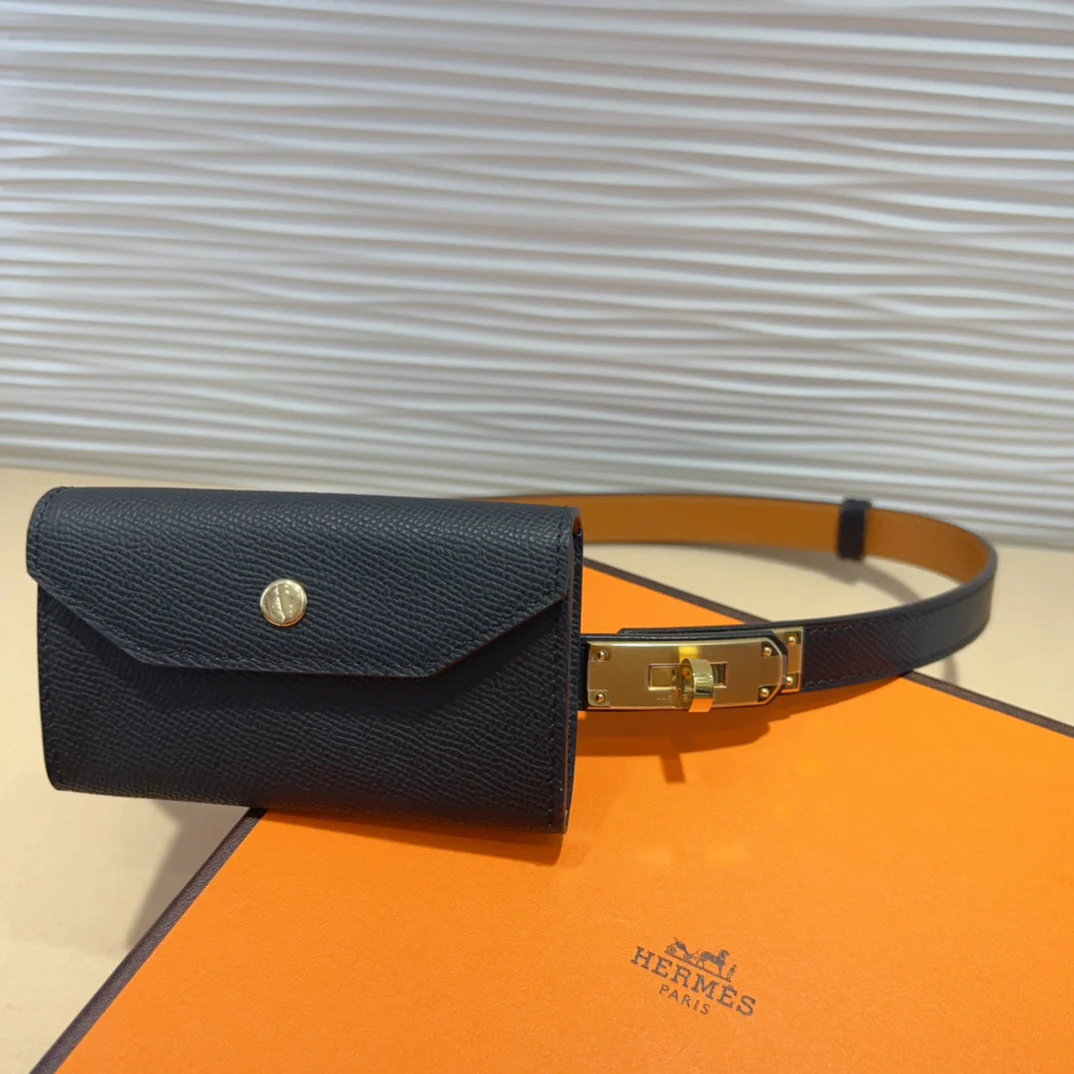 HM KELLY POCKET 18MM BELT BLACK LEATHER GOLD HARDWARE