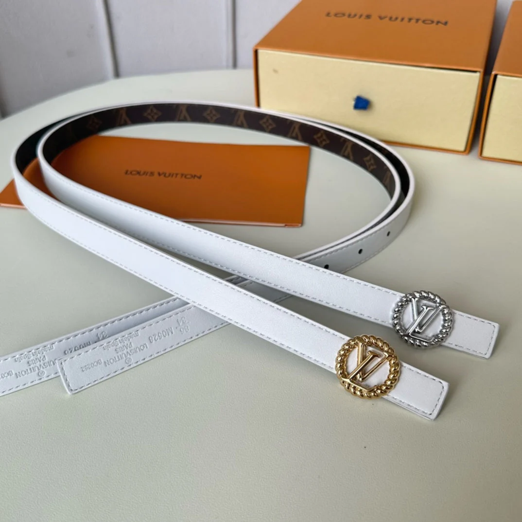 LV Circle Nautical 20mm Reversible Belt Silver Buckle White Brown Lambskin