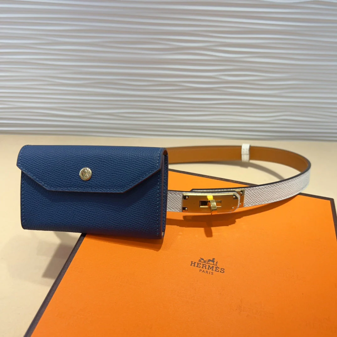 HM KELLY NAVY BLUE POCKET 18MM BELT WHITE LEATHER GOLD HARDWARE
