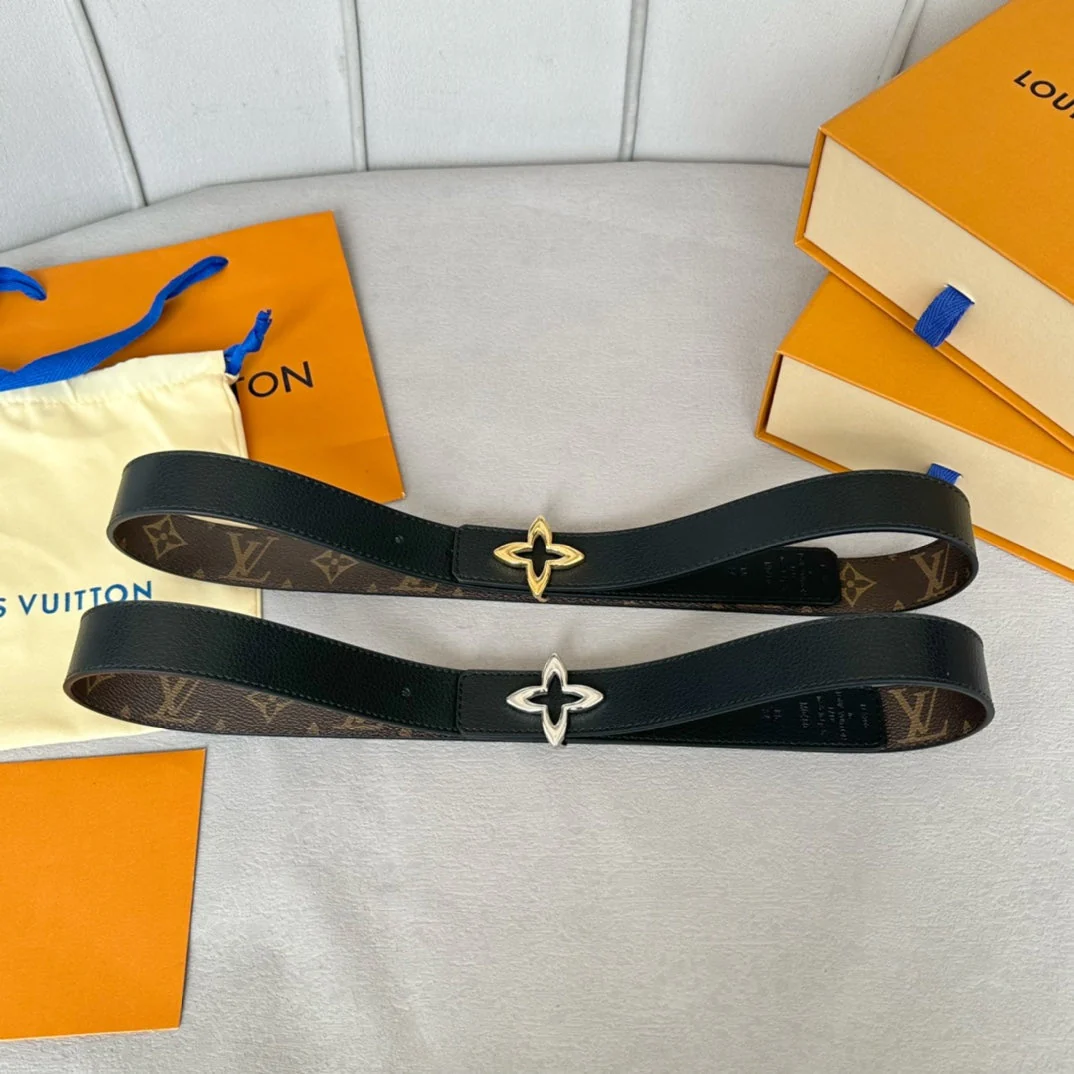 LV  MINI FLOWERGRAM 30MM REVERSIBLE BELT IN BLACK CALFSKIN GOLD HARDWARE