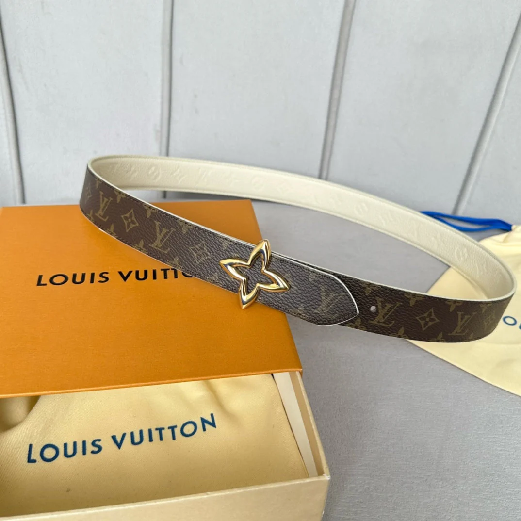 LV  MINI FLOWERGRAM 30MM REVERSIBLE BELT IN WHITE EMBOSSED CALFSKIN GOLD HARDWARE