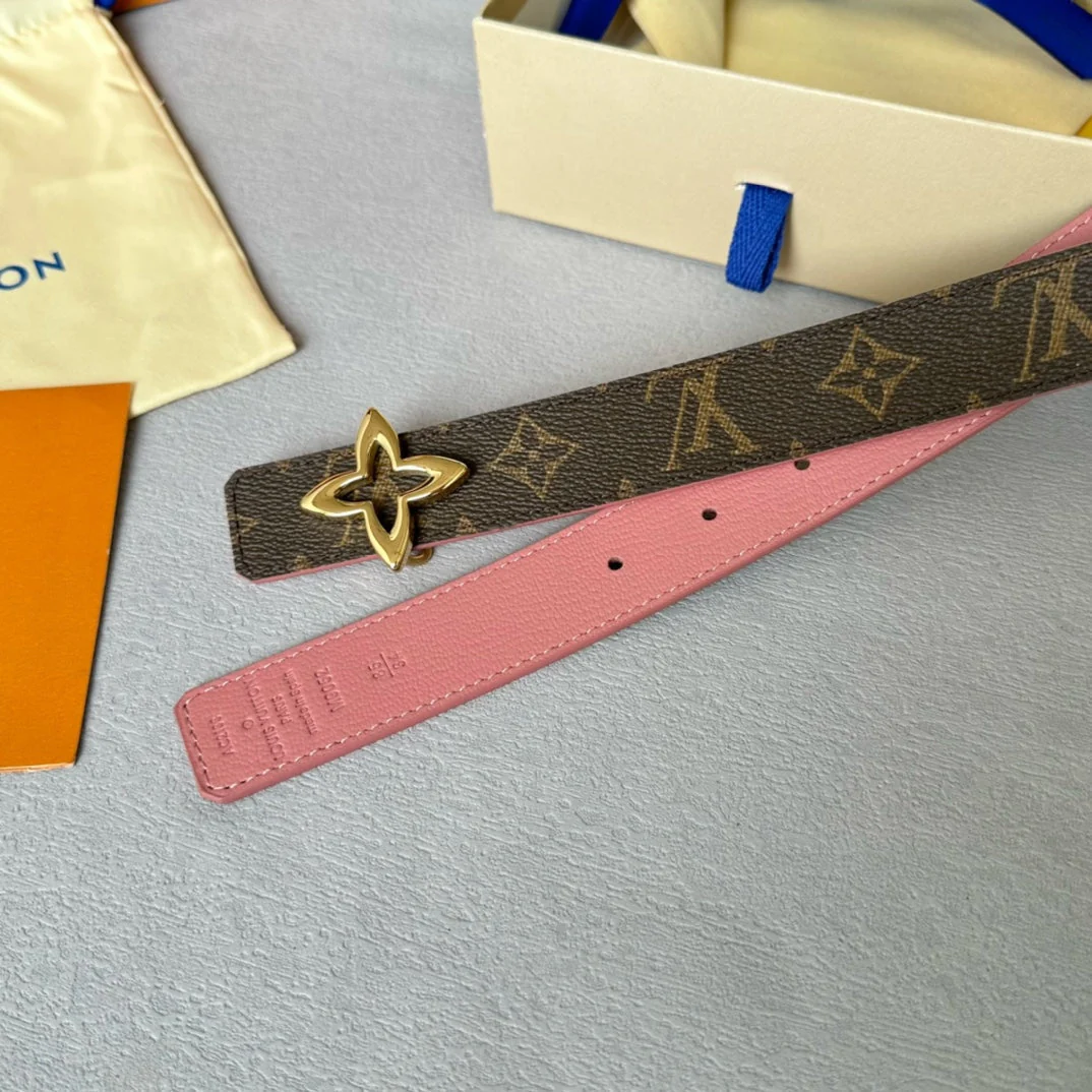 LV Flowergram 30mm Reversible Belt Gold Buckle Pink Brown Leather