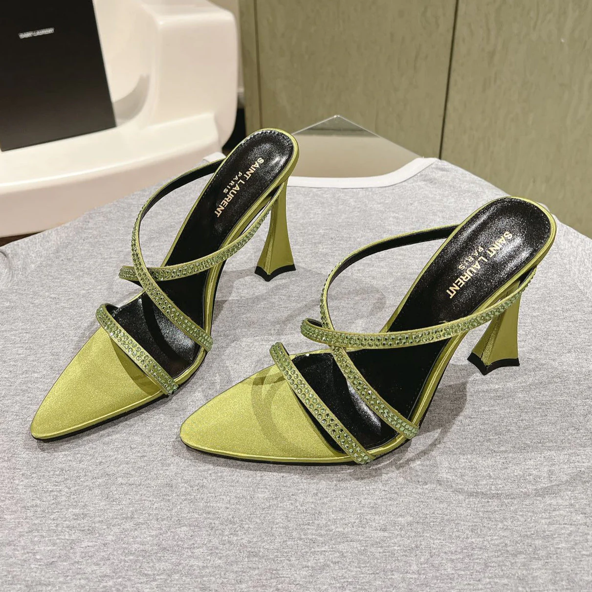 HIGH HEEL MULE 10 CM IN OLIVE GREEN SATIN WITH RHINESTONES