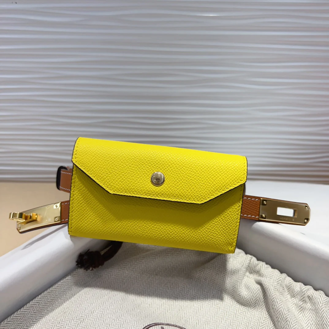 HM KELLY LEMON YELLOW POCKET 18MM BELT CINNAMON BROWN LEATHER GOLD HARDWARE