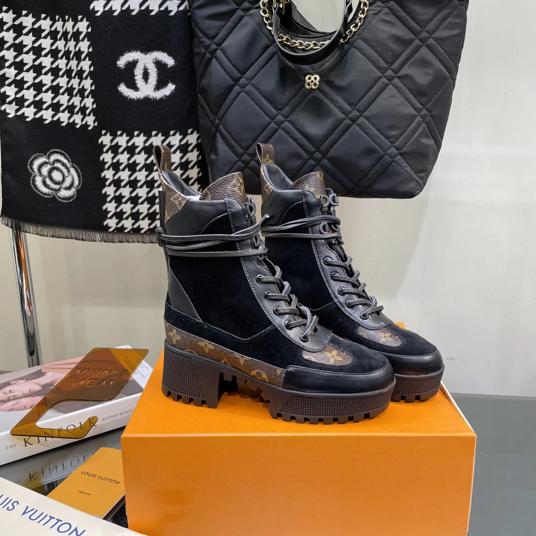 LAUREATE PLATFORM BOOTS IN BLACK SUEDE AND CHOCOLATE BROWN CALFSKIN