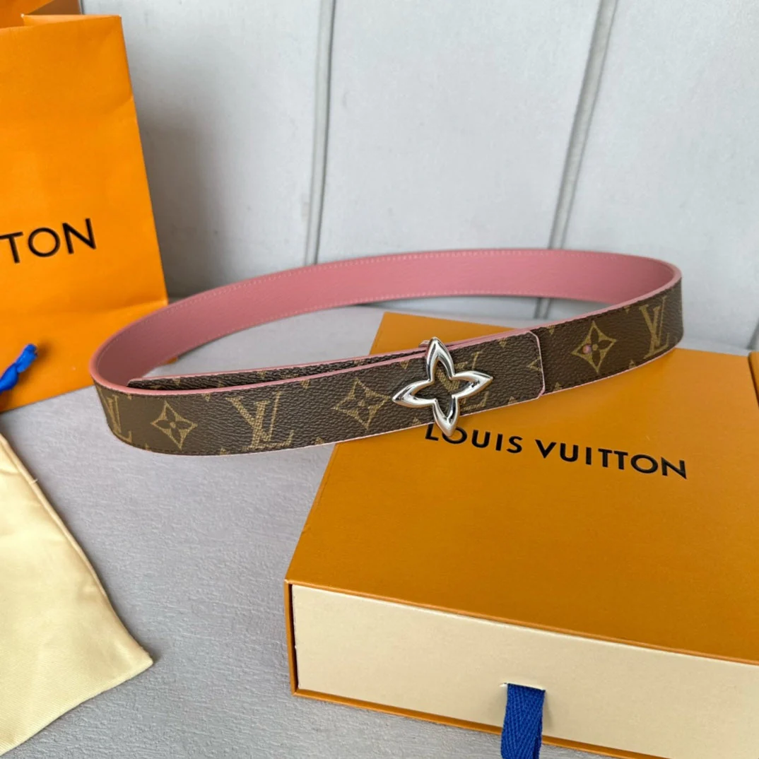 LV Flowergram 30mm Reversible Belt Silver Buckle Pink Brown Leather