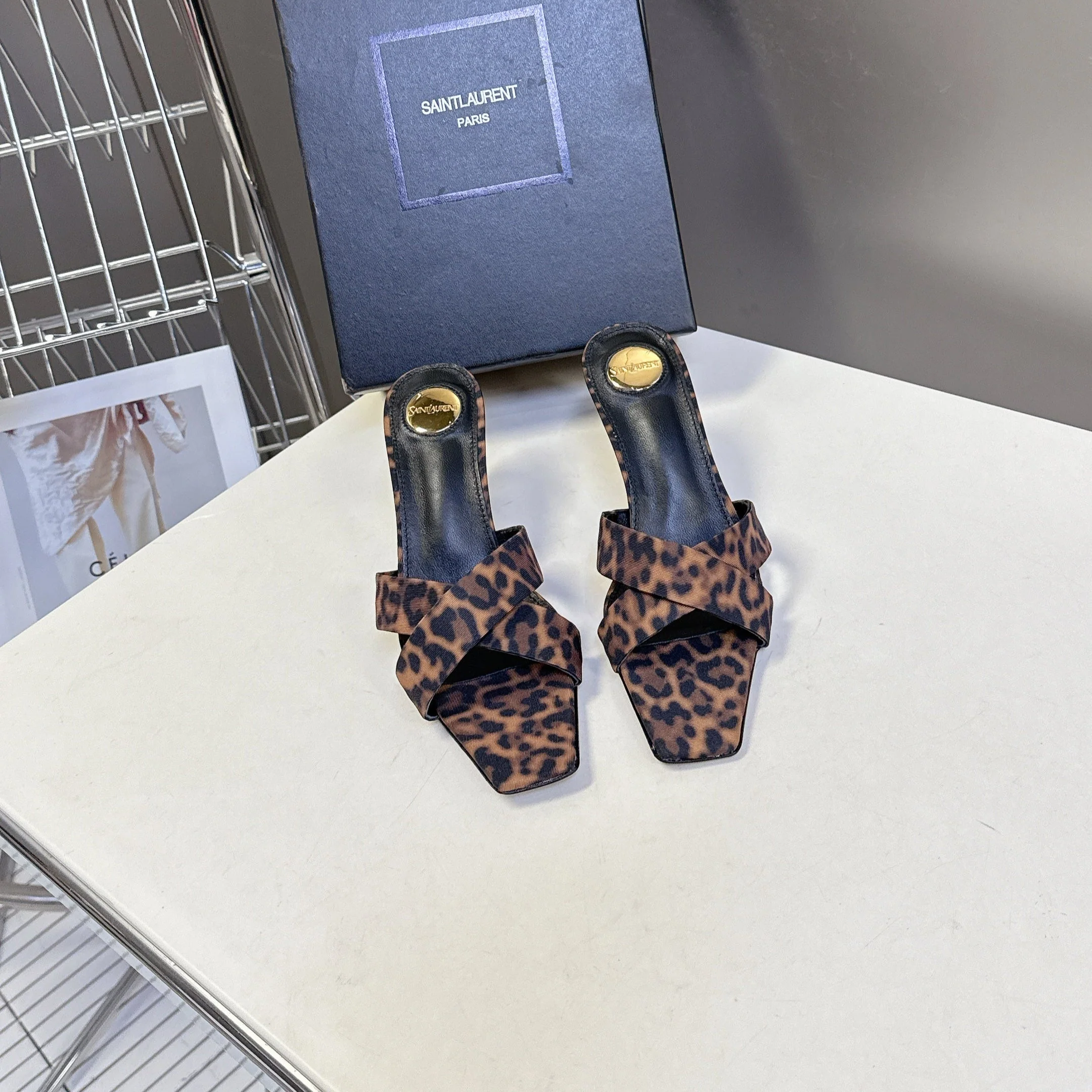 YSL 25S JILL MULES 75MM IN LEOPARD PRINT SMOOTH CALFSKIN