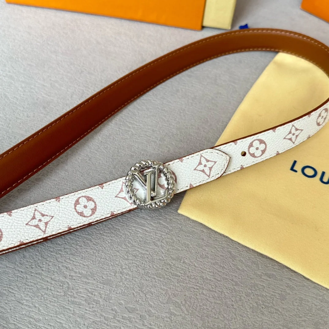 LV Circle Nautical 20mm Reversible Belt Silver Buckle Tan White Lambskin