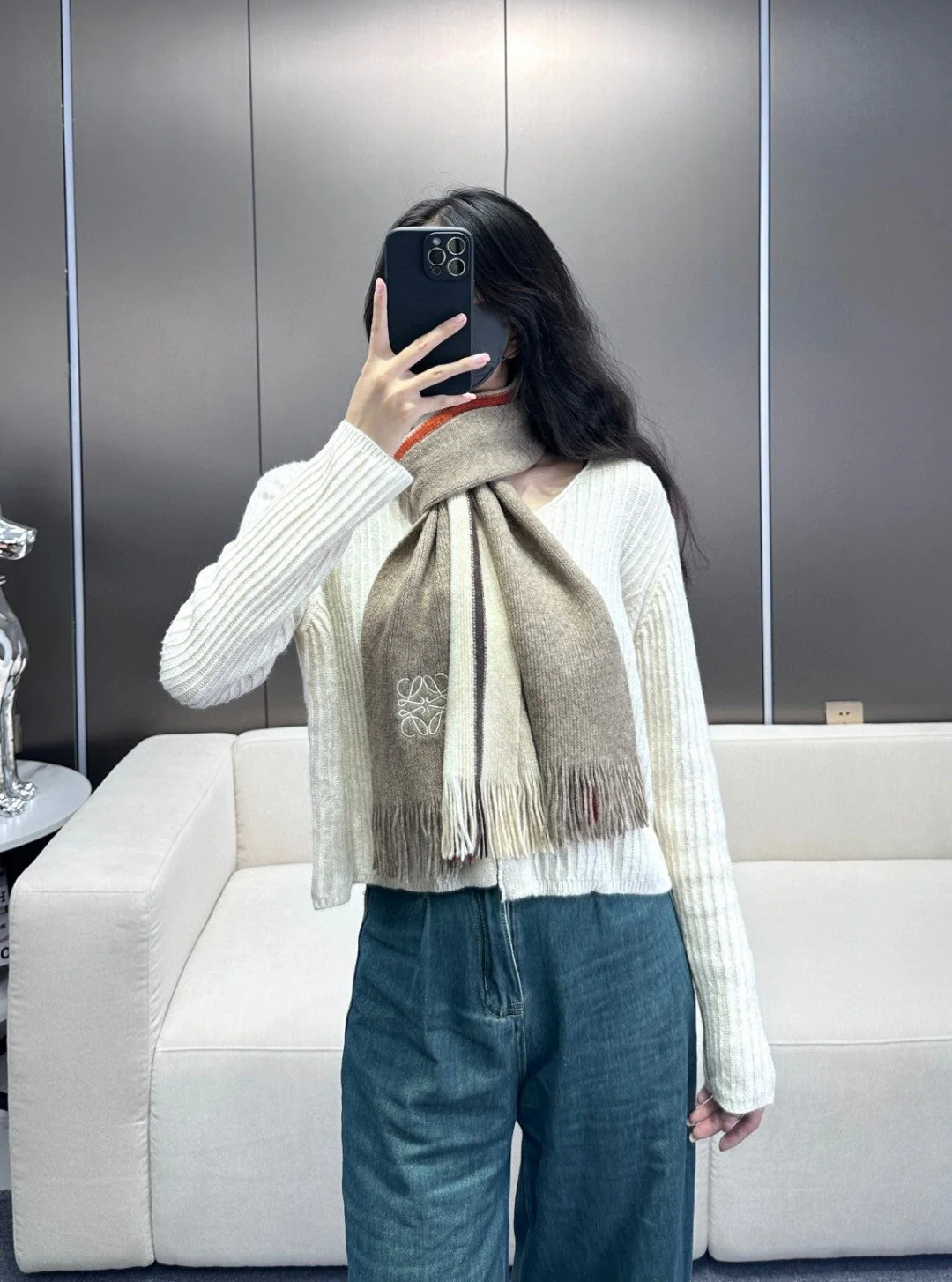 SCARF 180 CM IN KHAKI BROWN CASHMERE 410157