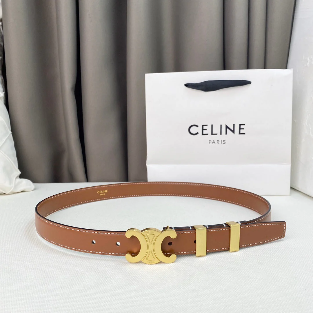 Medium Triomphe Belt 25mm Tan Calfskin Gold Loop Ghw