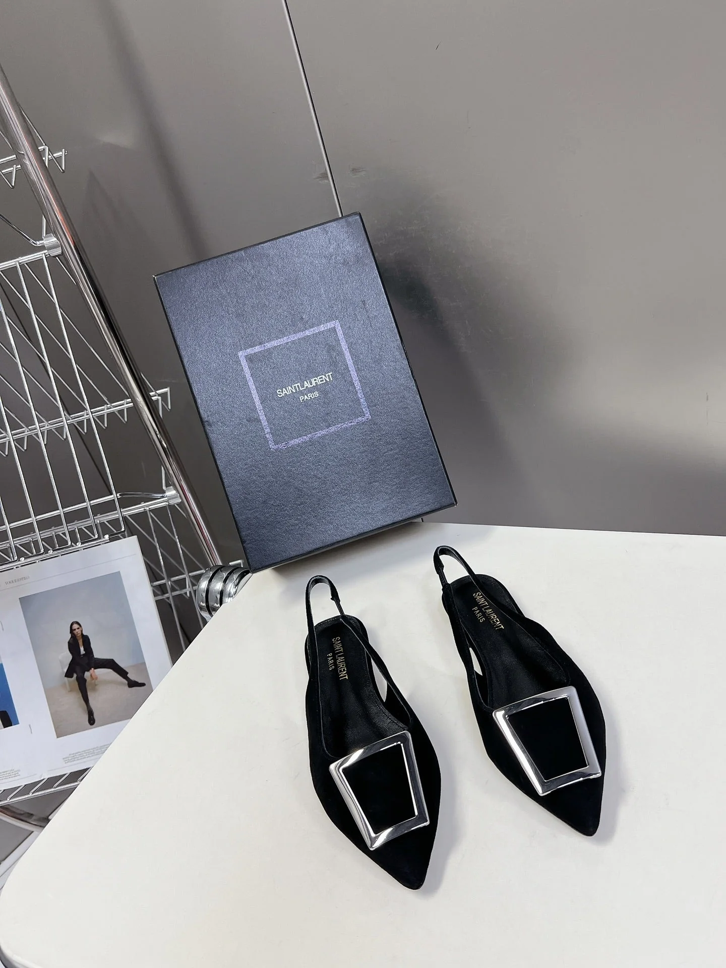 SL SQUARE BUCKLE SLINGBACK BLACK SUEDE