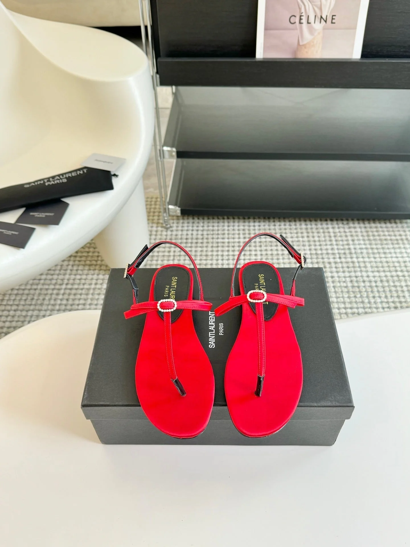 SL CRYSTAL T-STRAP FLAT SANDAL RED SATIN