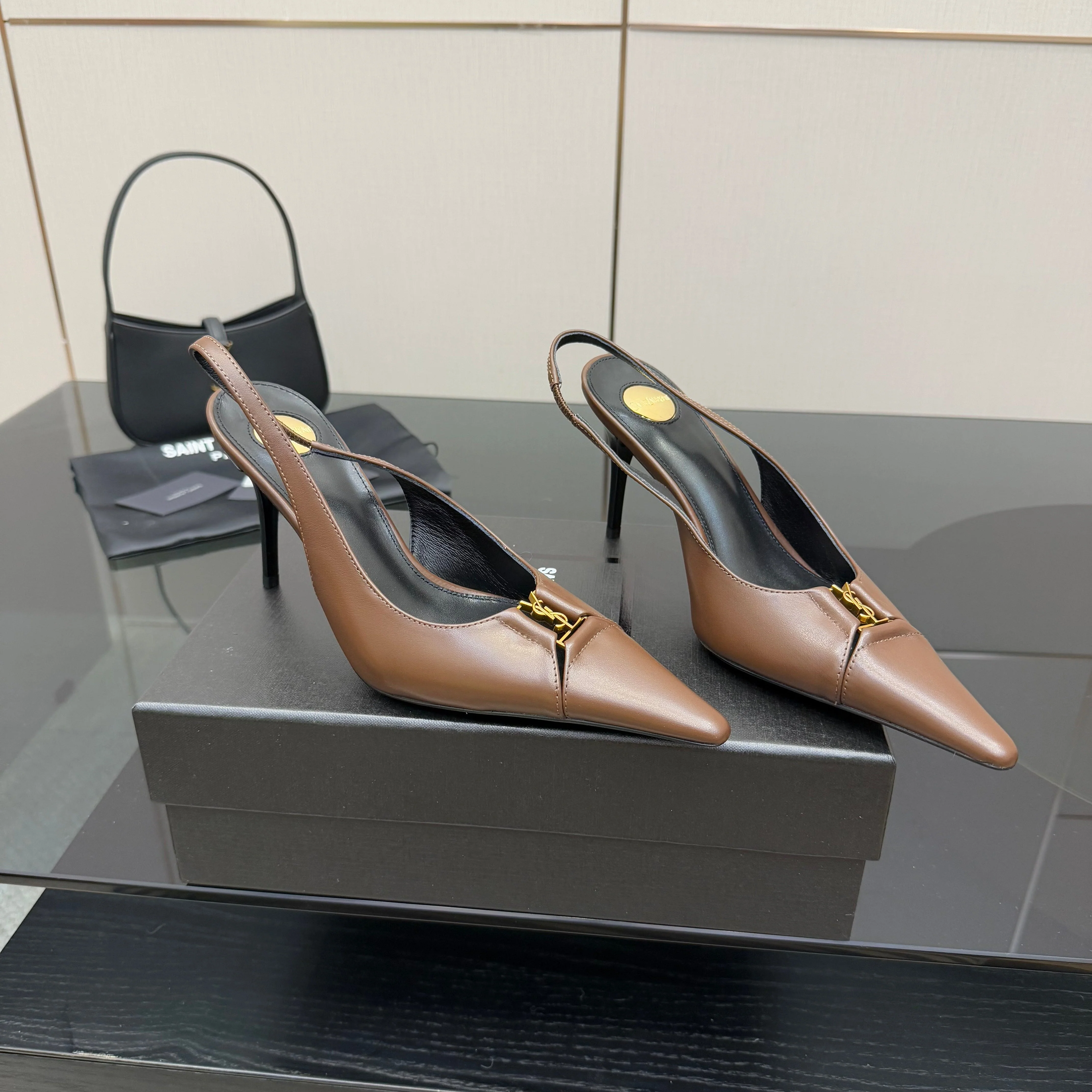 YSL 25S SLINGBACK HIGH HEELS 90 MM IN CHESTNUT BROWN LAMBSKIN WITH GOLD HARDWARE STYLE 1