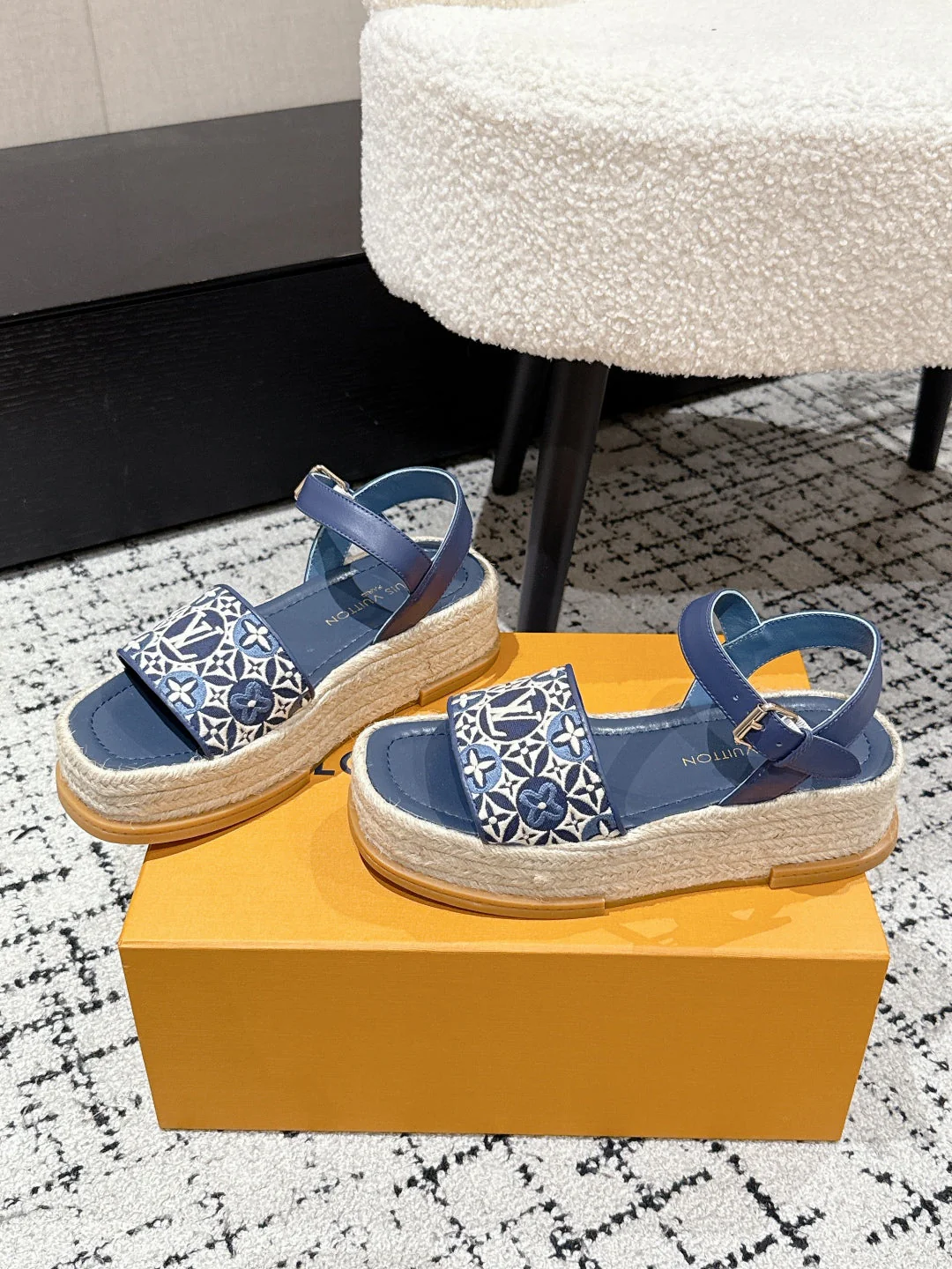 LV PLATFORM ESPADRILLE SANDALS 25S IN DARK BLUE FABRIC