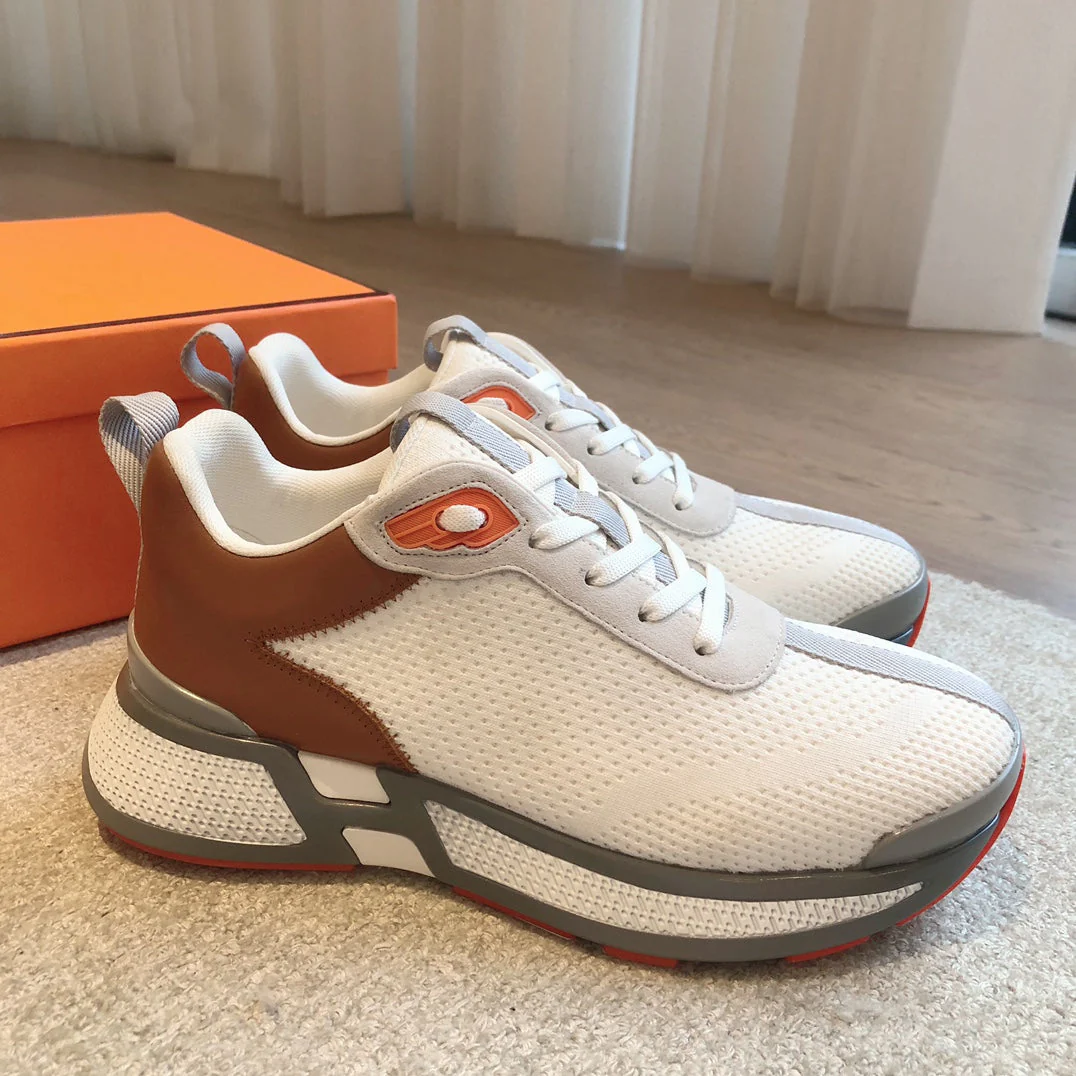 HEROS SNEAKER IN WHITE BREATHABLE MESH FABRIC AND BROWN CALFSKIN