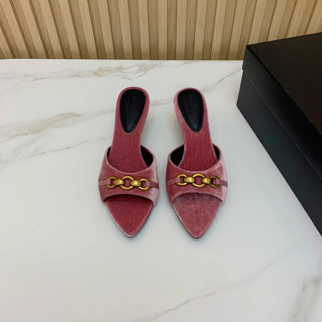 SL CHAIN ATTACH HEELED MULES BLUSH PINK VELVET