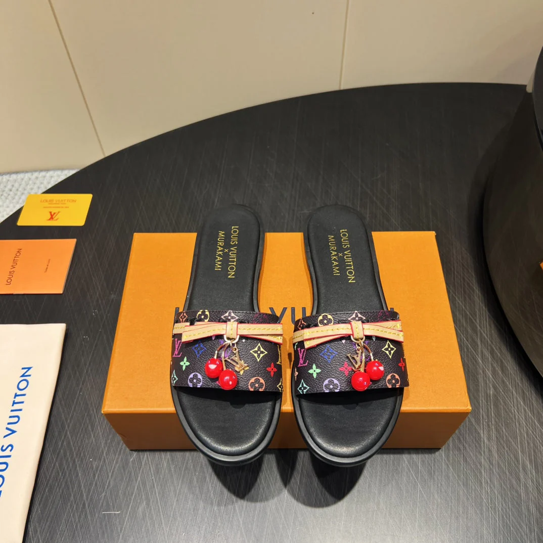 LV SLIDE SANDALS LOGO PRINT 25S IN BLACK CALFSKIN WITH CHERRY BLOSSOM BUCKLE